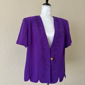 Vintage Leslie Fay Indigo Purple Scalloped Embroidered Blazer Size 18